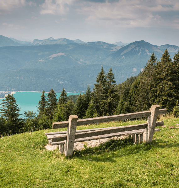 wooden bench overlooking beautiful mountain and lake view
