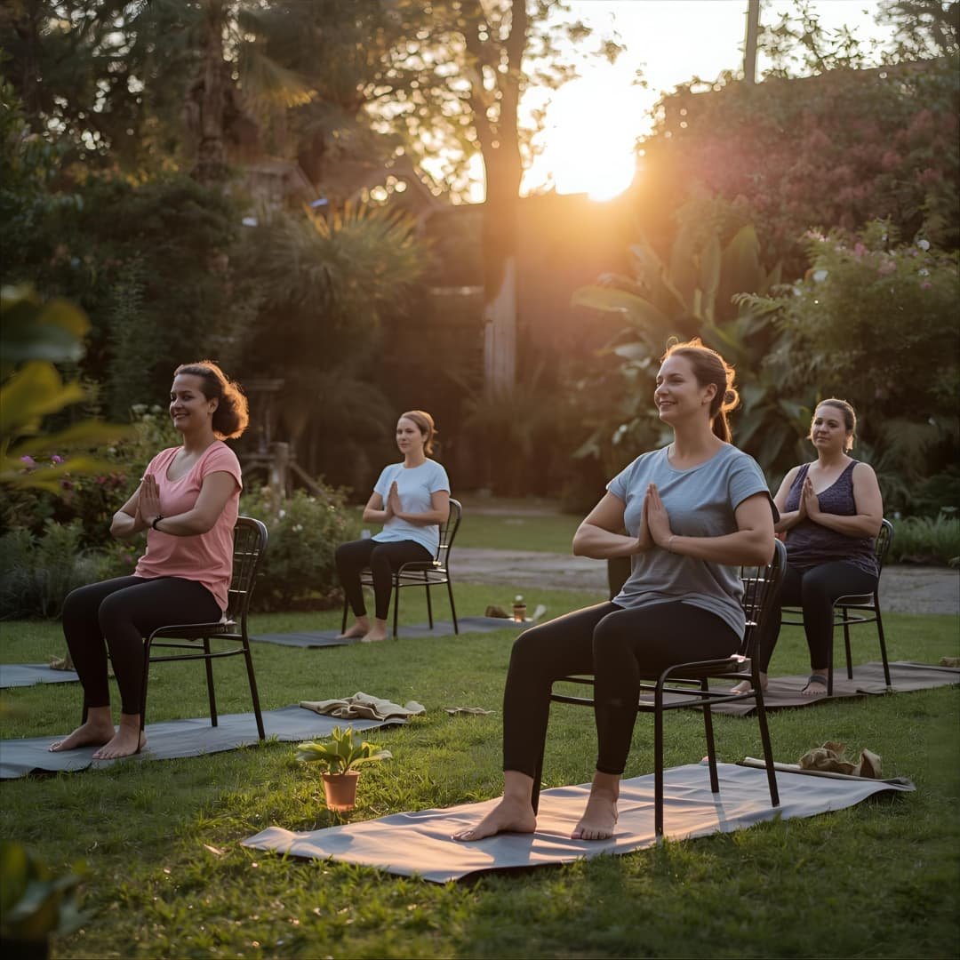 group of women practising chair yoga outside