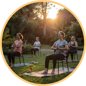 group of women practising chair yoga outside