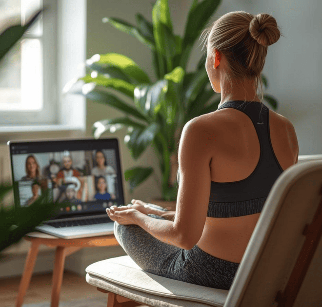 woman sitting in a chair viewing online chair yoga